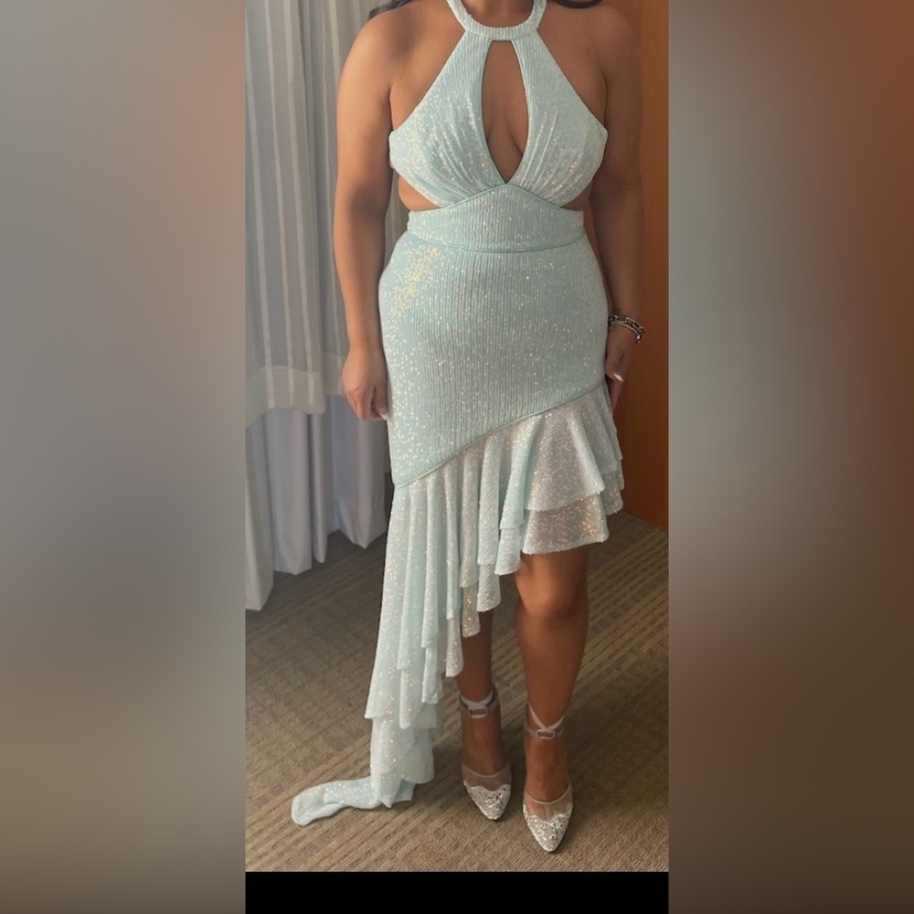 Mac Duggal Sparkling Light Blue Asymmetrical Dress